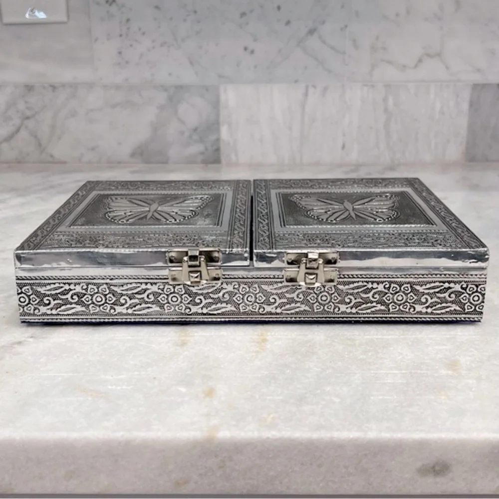 Handcrafted Aluminum Oxidized Butterfly Jewelry Box with Royal Blue Inte…